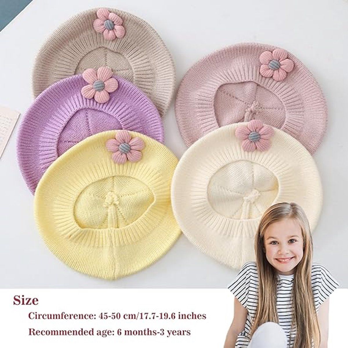 Girls' beret winter warm hat toddler French knitted hat baby cute floral beret, Travel and Daily Winter Wear, Purple — image 5