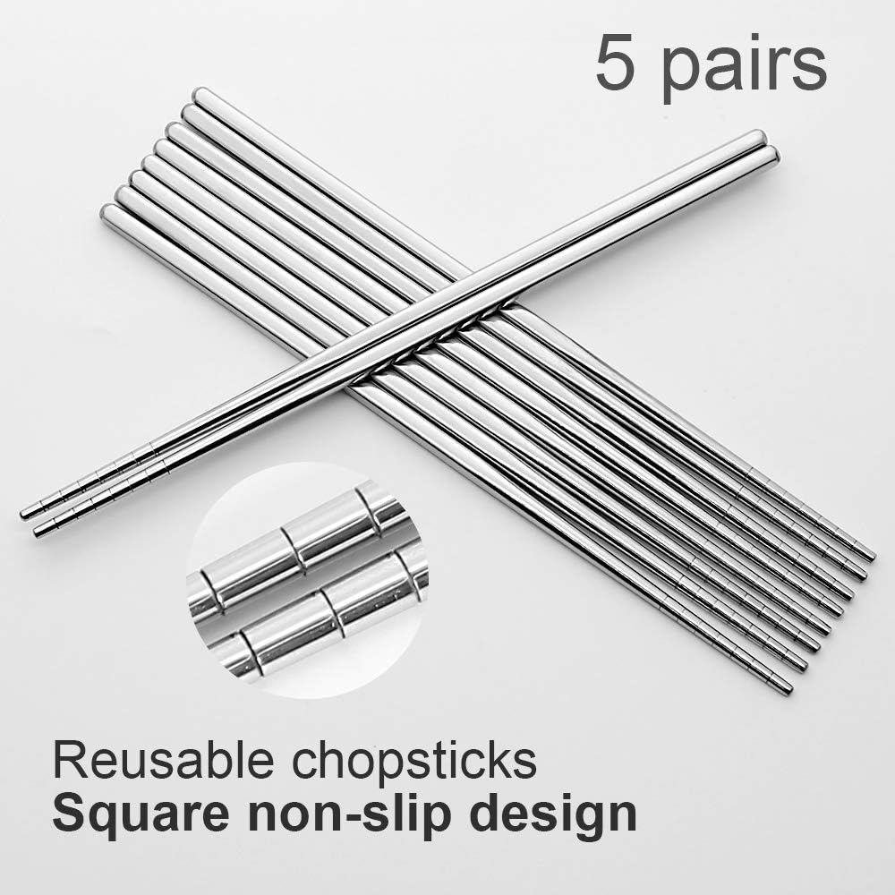 Stainless Steel Chopsticks Reusable Multicolor Lightweight 304 Metal Chopsticks Dishwasher Safe - 5 Pairs (Silver) — image 5