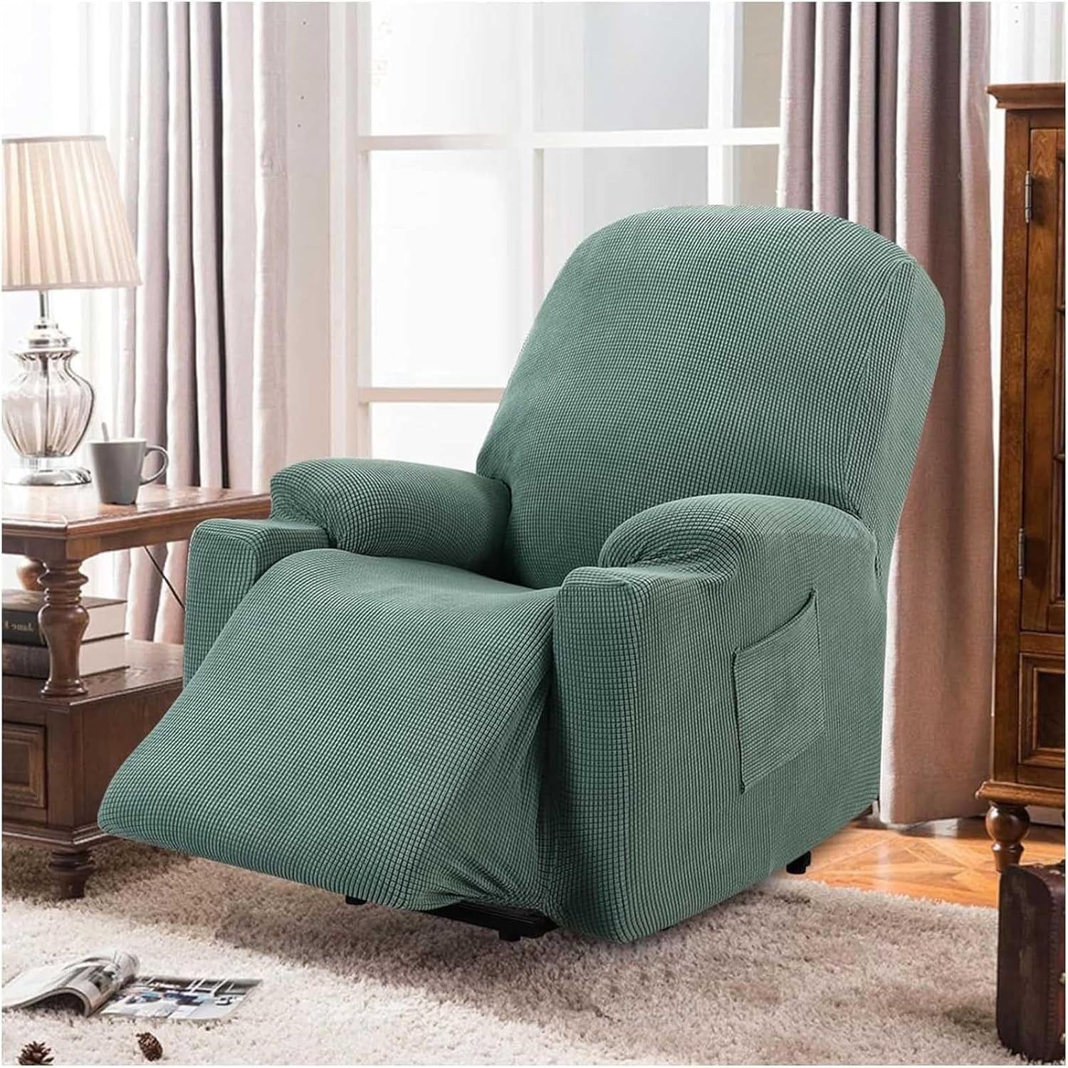 Power Lift Recliner Slipcover High Stretch Soft Jacquard Fabric with Side Pocket for Standard Recliner Chair Green, Letter C Option โ image 6