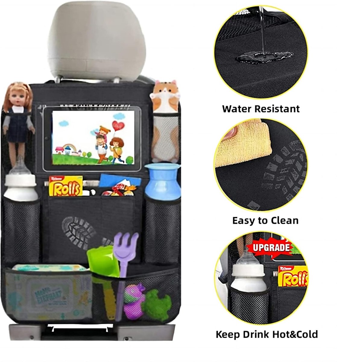Famanu - Children's Car Organizer, 2 PCS Car Storage Accessories with 24.4 cm iPad Pocket, 10 Pockets for the Car Seat Backrest, Black — image 4