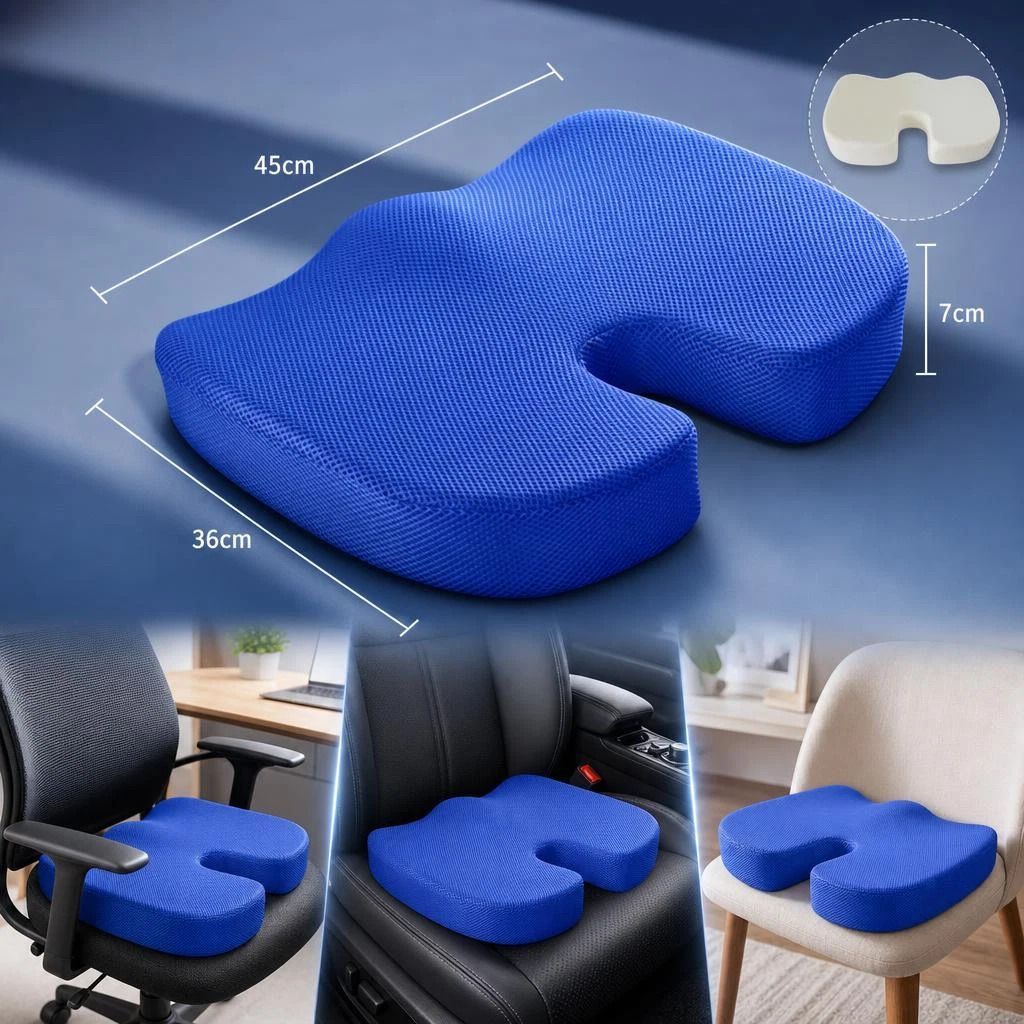 Ergonomic Memory Foam Cushion 45 × 36 × 7, Breathable Mesh Blue, Relieve Sitting Pressure