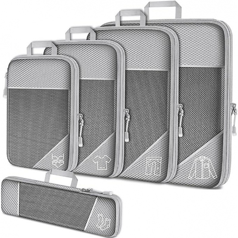 Grey Waterproof Travel Compression Packing Cube Set of 5 Sizes with Carry Handles - 50% Space Saving Breathable Nylon Luggage Organizer