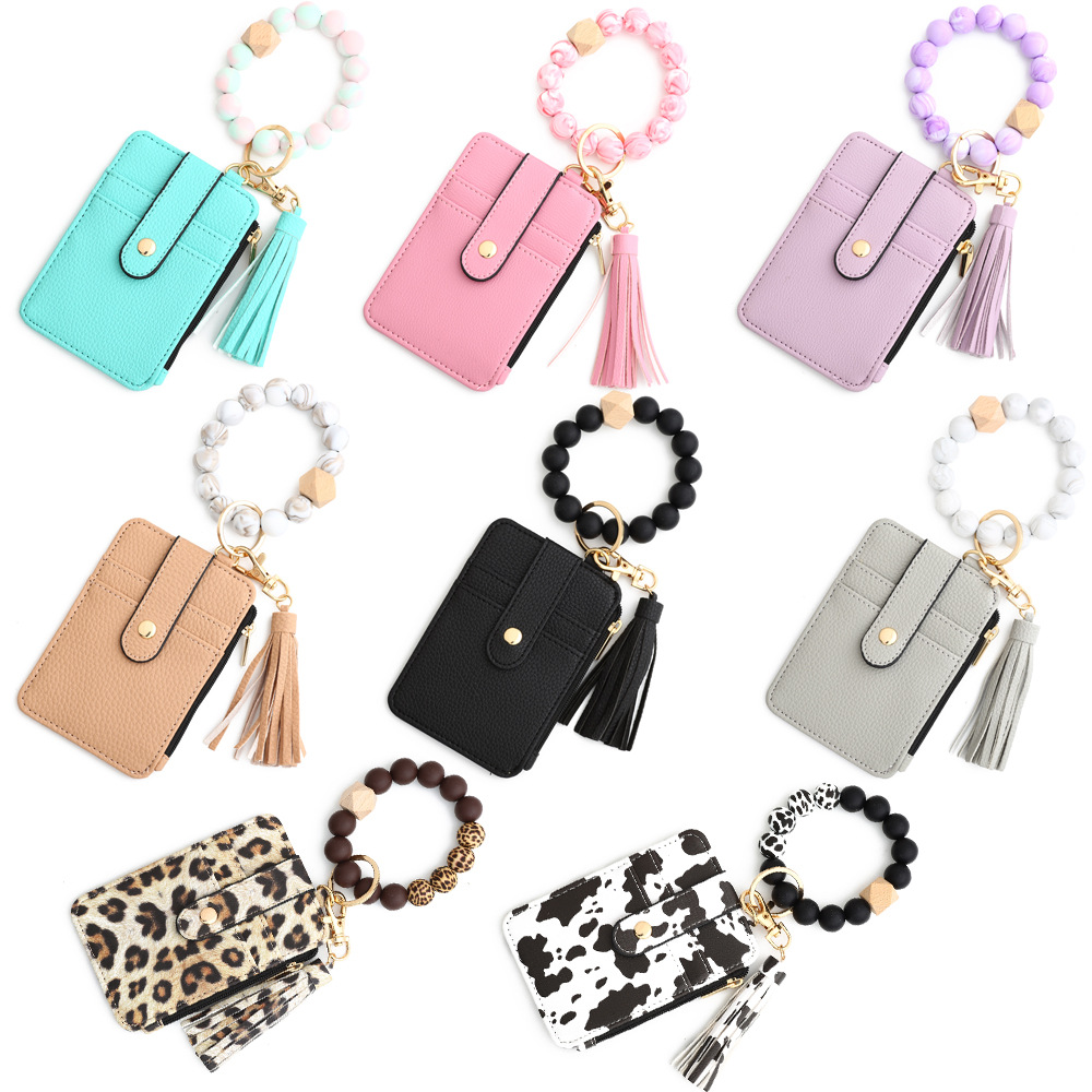 2-PCS Black Silicone Bead Keychain Bracelet Wallet PU Leather ID Card Holder with Tassel Wristlet Bangle for Women โ image 4