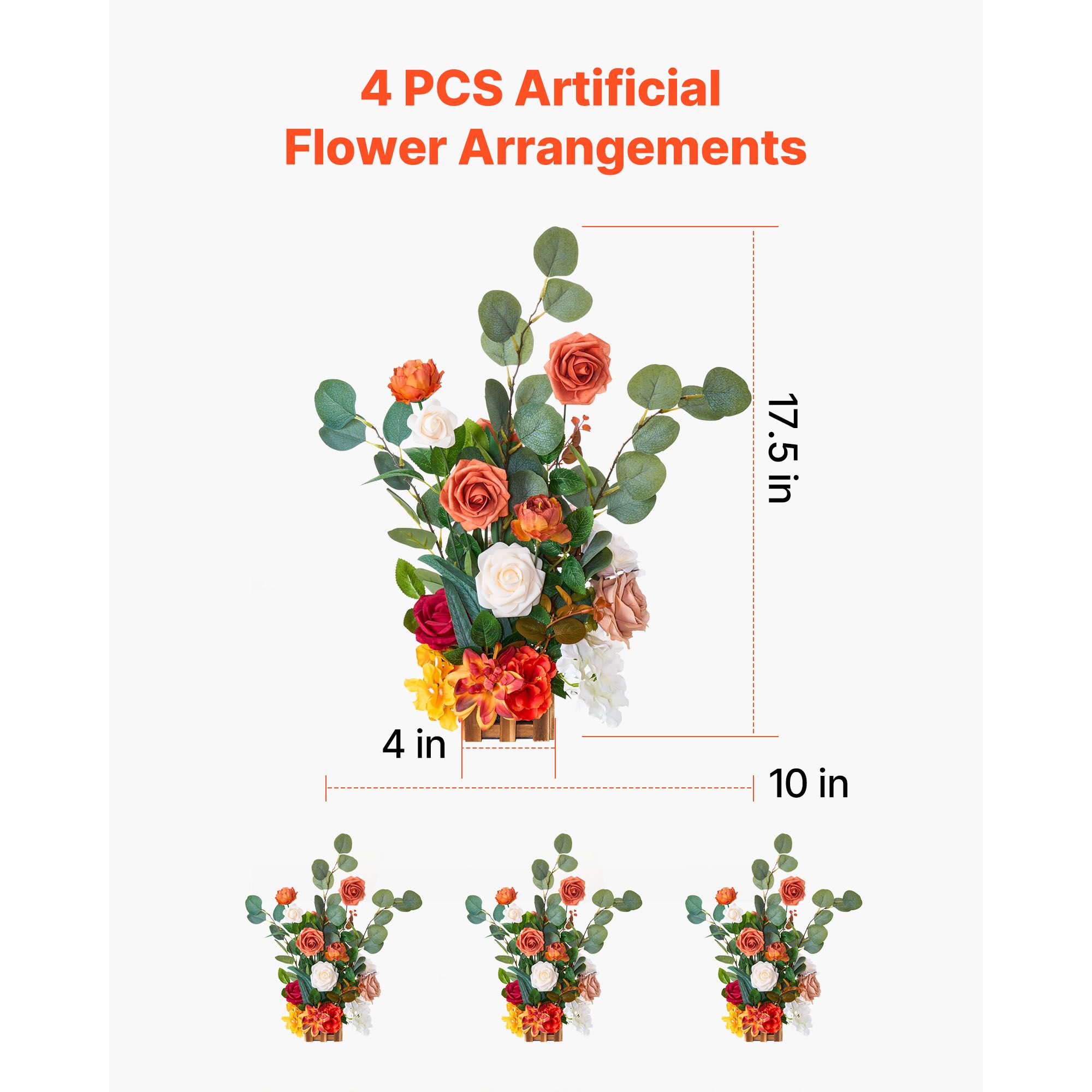 Standing Artificial Flowers Arrangements 4 PCS, 450 mm Tall Faux Flower Decorations for Wedding Aisle Runner Chair, Orange Floral Centerpieces for Ceremony — image 3