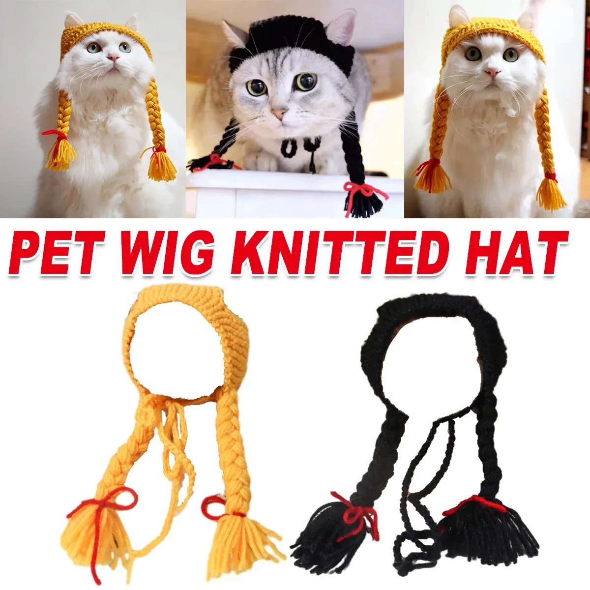 Cat Headwear Handmade Braid Hat Cat Wig Hat Cat Hair Accessory Pet Decoration - Yellow — image 2