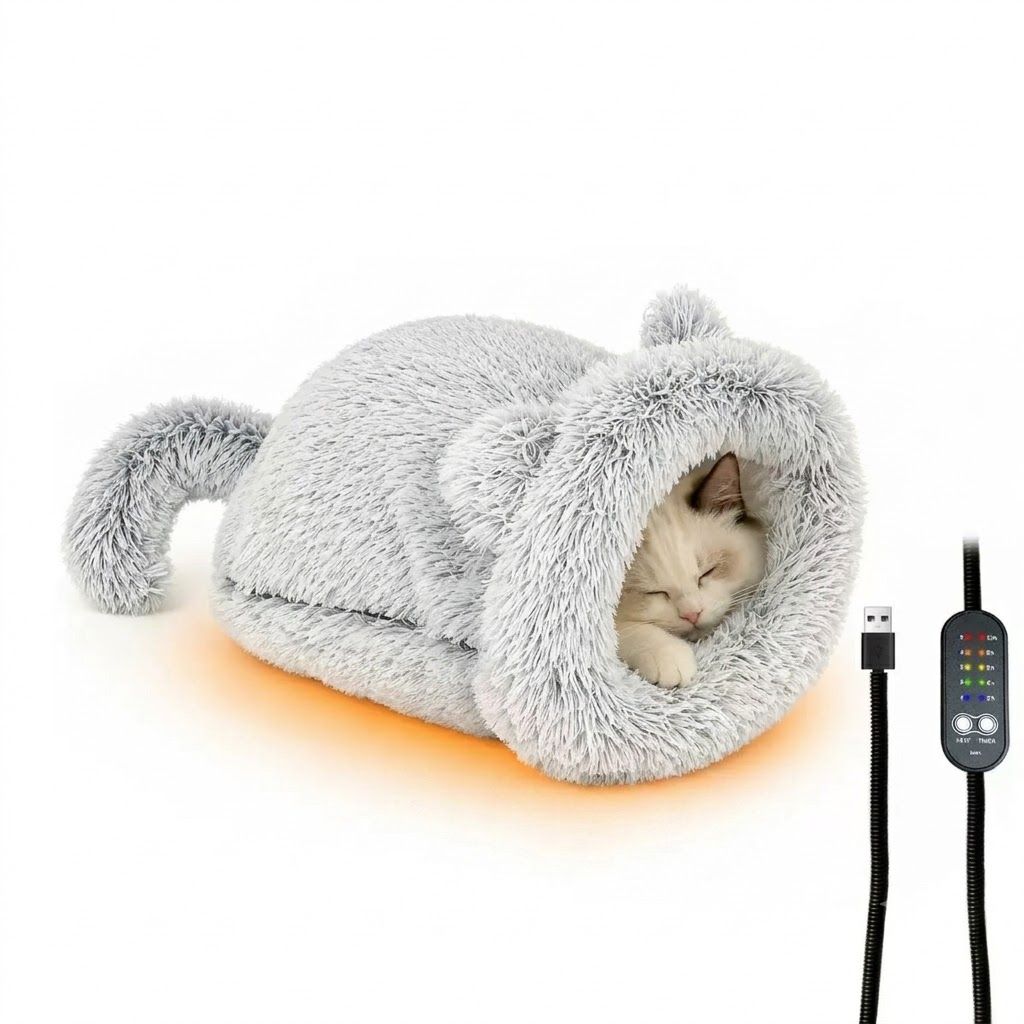 Cozy Heated Two-in-One Plush Cat Cave Bed with USB-Powered Warming, and Timer, Convertible from Enclosed House to Flat Mat for
