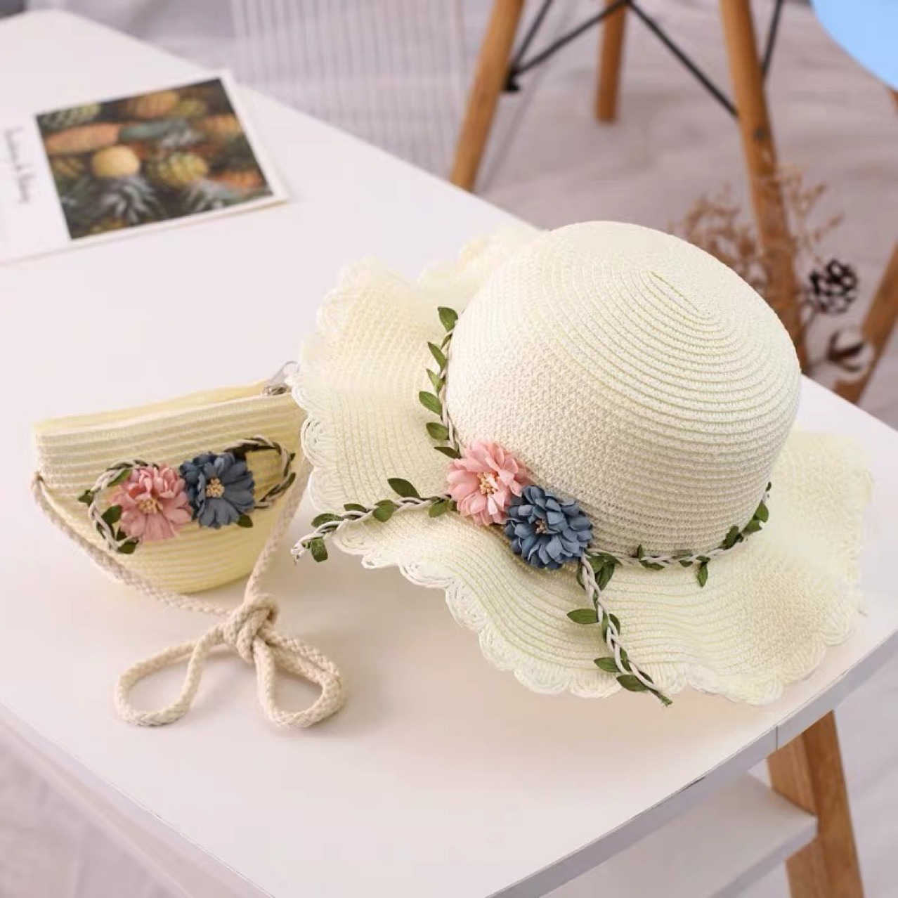 White Girls Summer Princess Straw Hat and Matching Purse Set - Breathable Floral Wide Brim Sun Protection Sun Hat