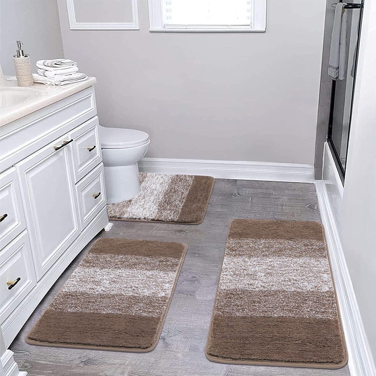 3-Piece Brown Striped Bath Mat Set, Non-Slip Washable Absorbent Bathroom Rugs — image 3