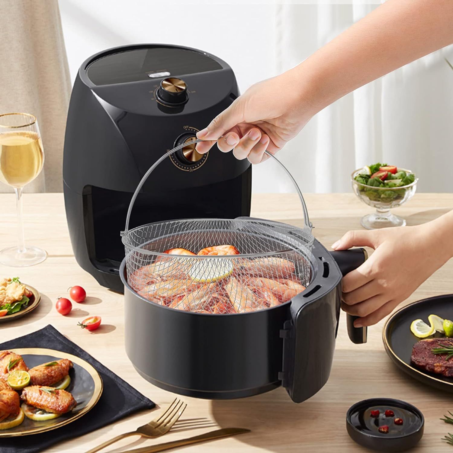 21CM Air Fryer Mesh Basket Stainless Steel Steamer Basket for Air Fryer Metal Air Fry Crisper Basket with Handle Air Fryer Accessory — image 4