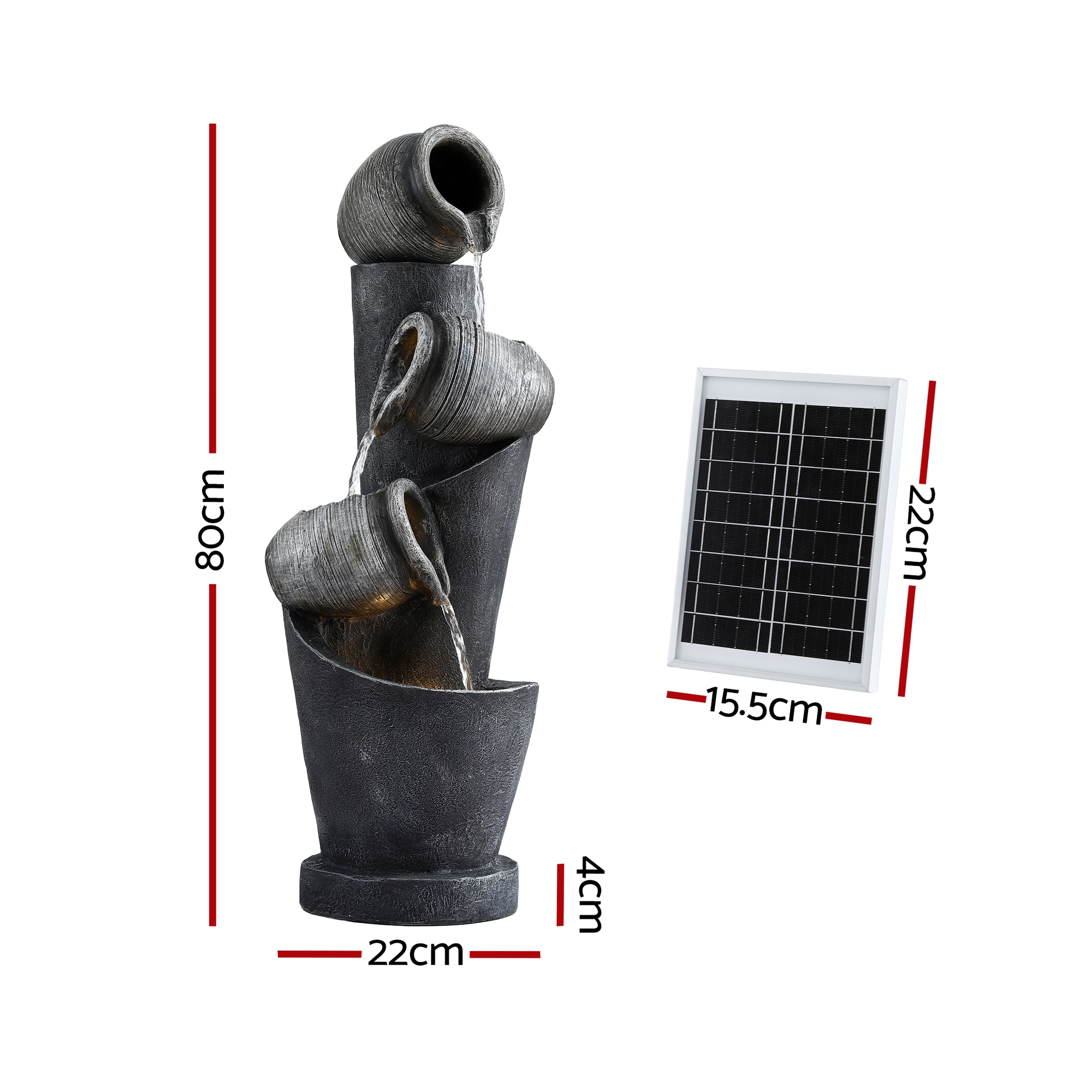 Gardeon Solar Fountain Water Feature Cascading Fountain 3-Tier Pot LED Lights 80CM Grey โ image 2