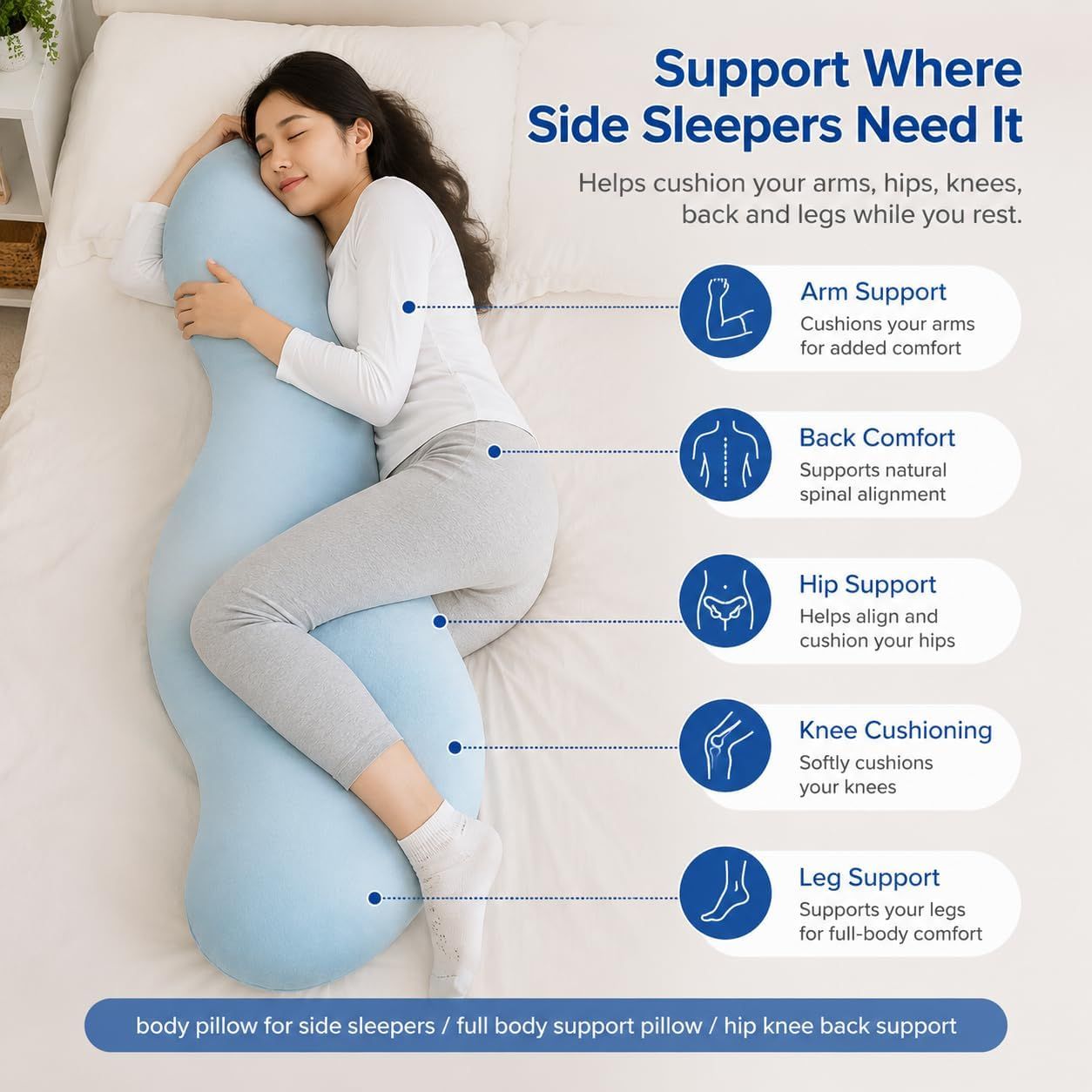 Pea Pod Shape Body Pillow for Adults Full-Body Support Side Sleeper Pillow, Pregnancy Back Pain Relief, Soft Hug Pillow with Memory Fiber Filling โ image 2