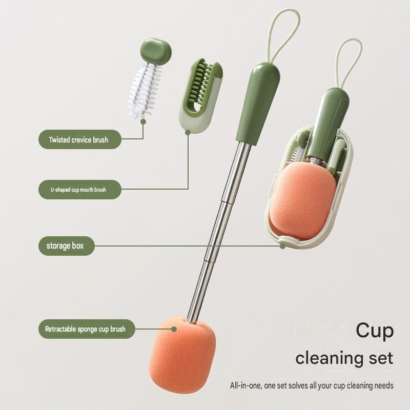 Green Portable 3-in-1 Cup Cleaning Brush Set with 3 Replacement Sponge Heads – Retractable Long Handle Bottle Brush for Travel Mugs, Coffee Cups, Water Bottles — image 2