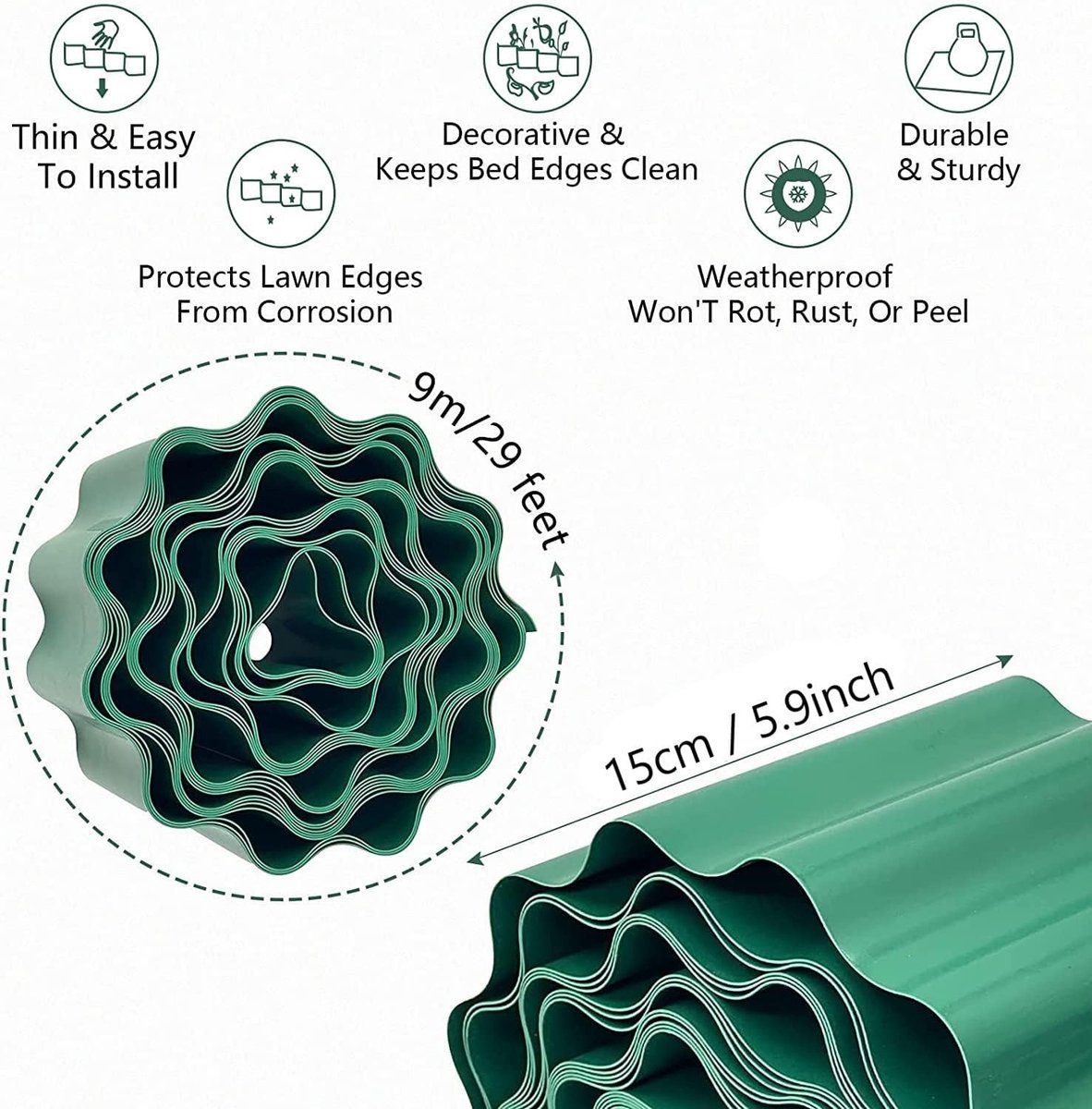 Plastic Garden Edging, Flexible Lawn Border Fence for Garden Boundaries, Flowerbeds and DIY Landscape Projects, Green, 9 m x 15 cm โ image 4