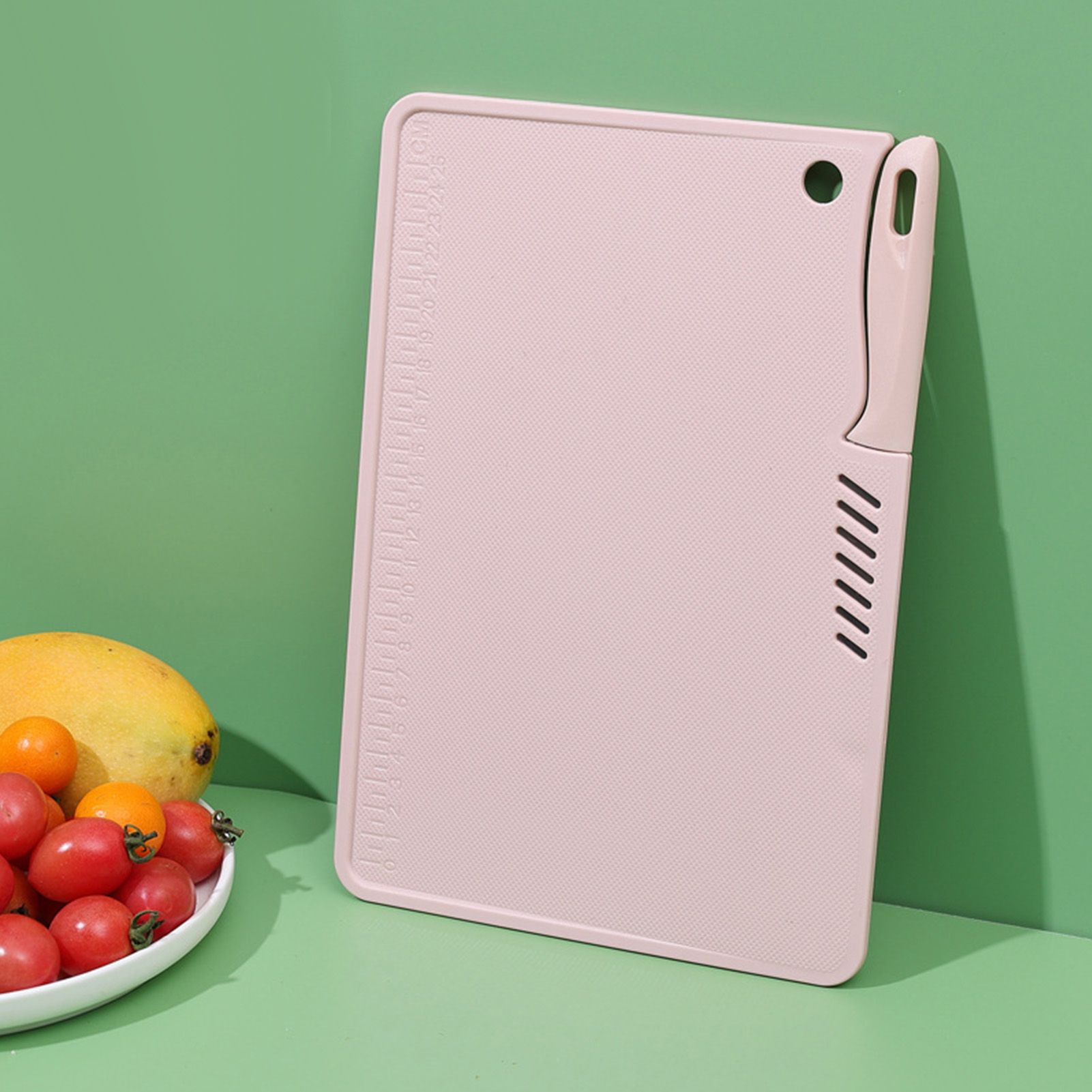 Plastic Utility Cutting Board Safe Multifunctional Portable Fruit Chopping Board With Knife Hanging Hole for Kitchen Pink — image 2