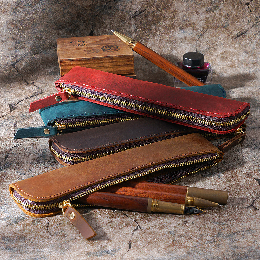 Black Vintage Crazy Horse Leather Zippered Pen Case - Retro Pencil Pouch & Small Accessories Bag โ image 2