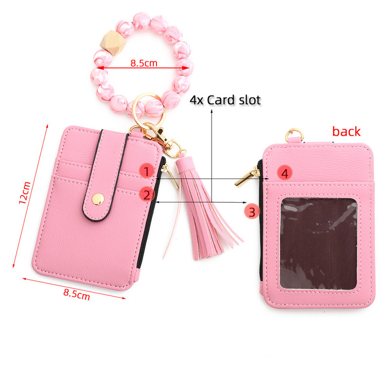 2-PCS Black Silicone Bead Keychain Bracelet Wallet PU Leather ID Card Holder with Tassel Wristlet Bangle for Women โ image 5