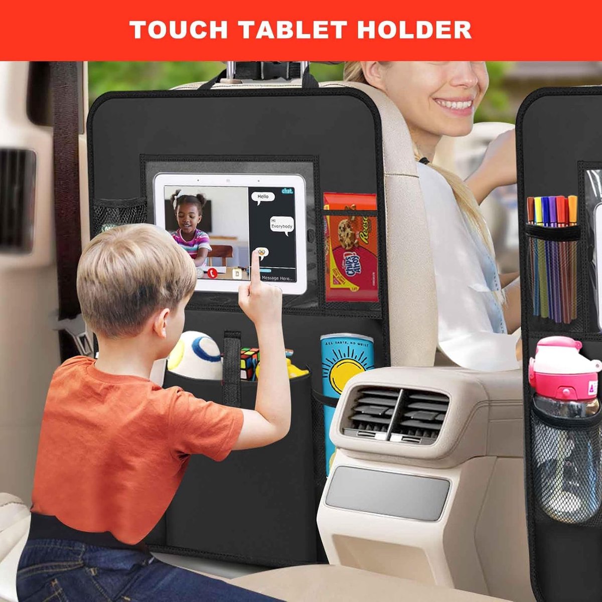 Two-pack storage bags for the car back seat - with touchscreen tablet holder - 6 storage bags - protective cushions - car seat covers - children's travel — image 4