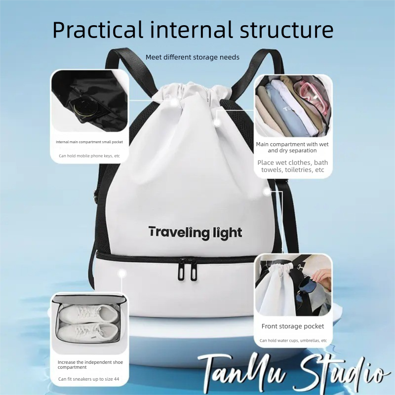 White Waterproof Drawstring Swimming Backpack with Wet Dry Separation and Shoe Compartment for Gym and Yoga Organized Gear Bag for Local Active Lifestyles โ image 4