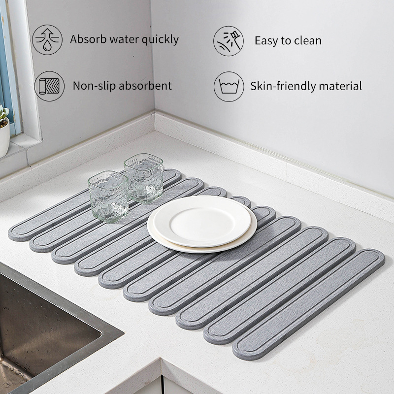 Light Gray Square Engraved Inner Frame Foldable Diatomaceous Earth Drying Mat - Super Absorbent, Fast-Drying, Non-Slip Kitchen Countertop Mat — image 2