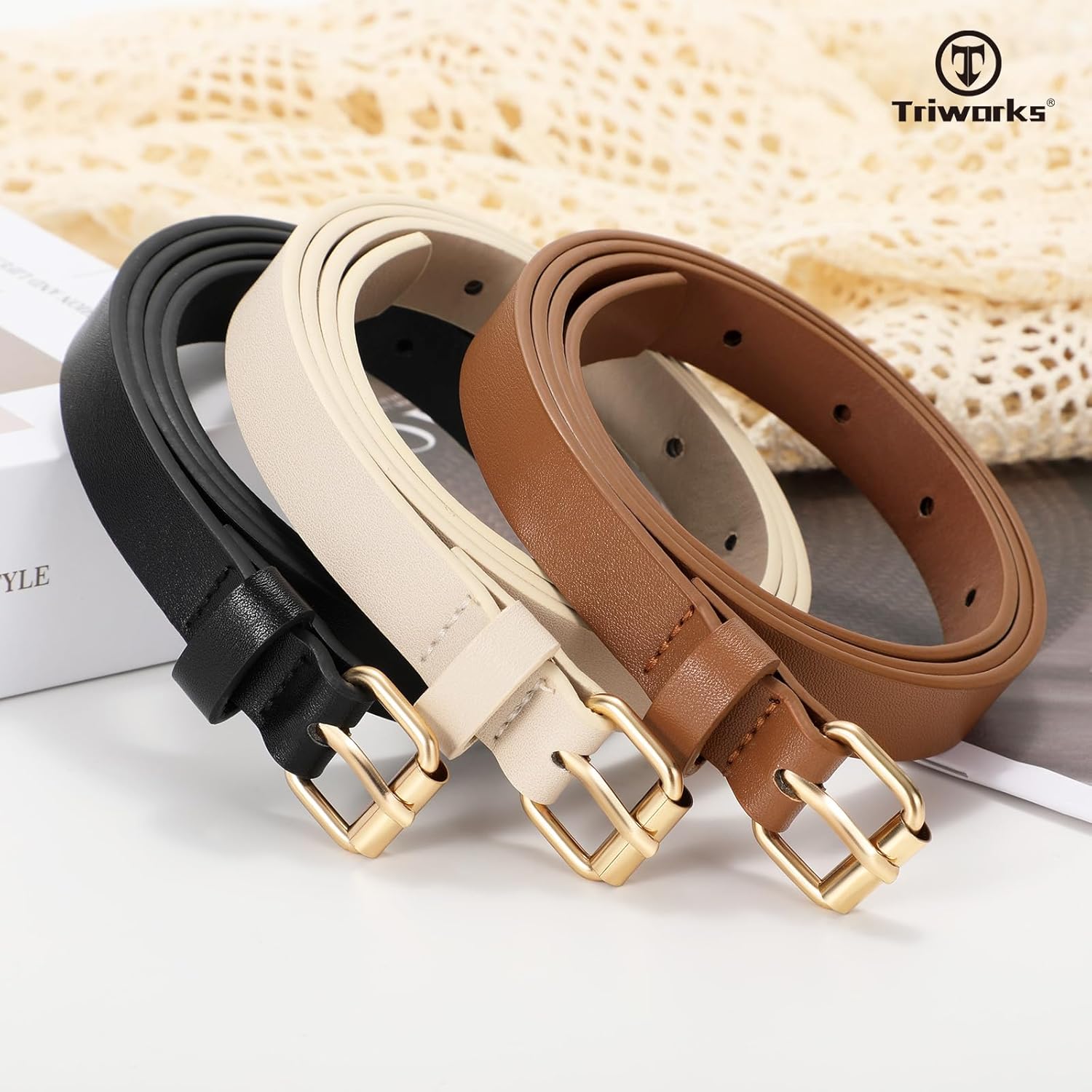 3 Pack Women Skinny Leather Belt for Jeans Pants Dress Ladies Thin Waist Belt with Gold Buckle โ image 5