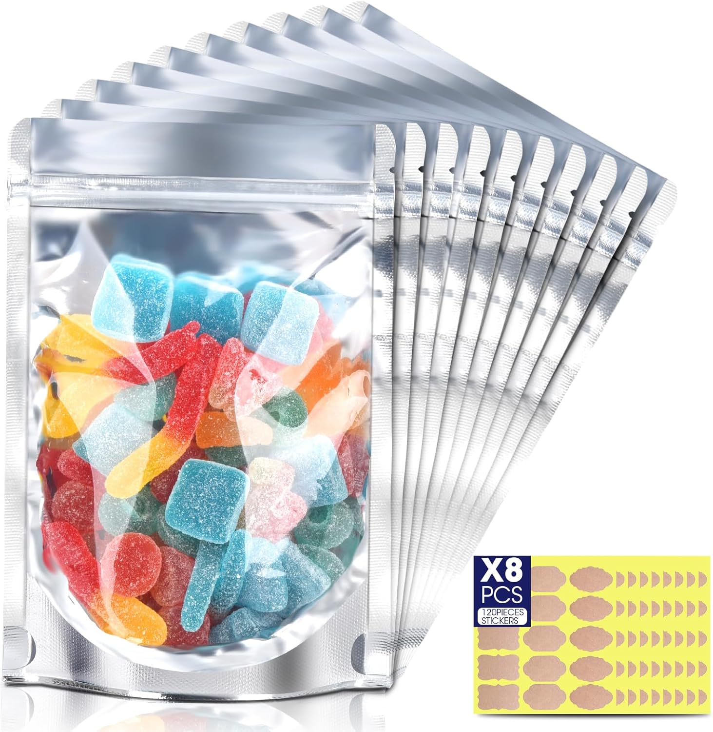120pcs Stand Up Pouch Bags, 4" x 6" Mylar Bag for Food Storage, Clear Front with Aluminum Foil Back Resealable Food Storage Bags for Small Business Packaging