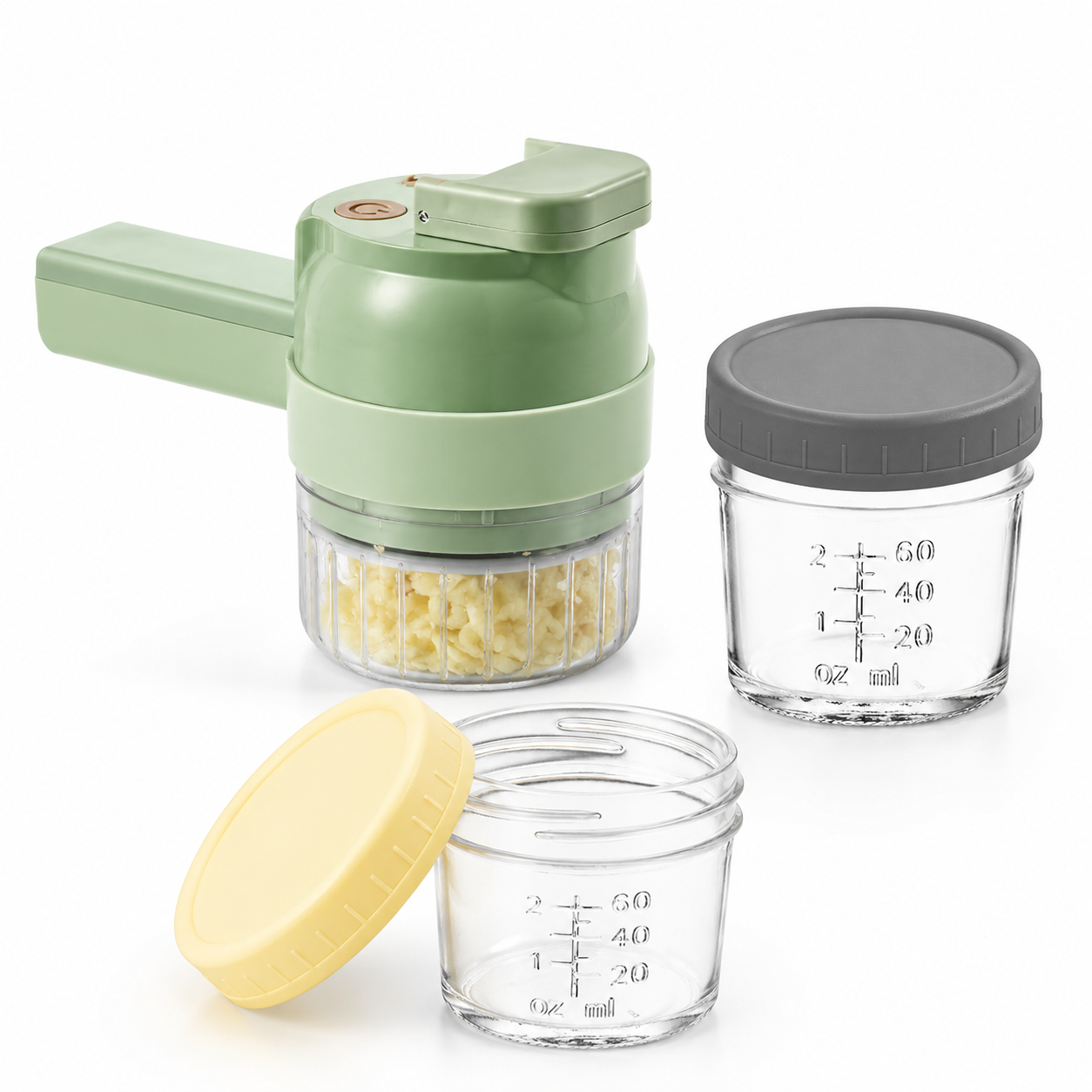 Seasoning Preparation and Storage Set-Green Electric Handheld Food Processor With Grey lid and Beige lid 4oz Glass Storage Jars - USB-C Charging