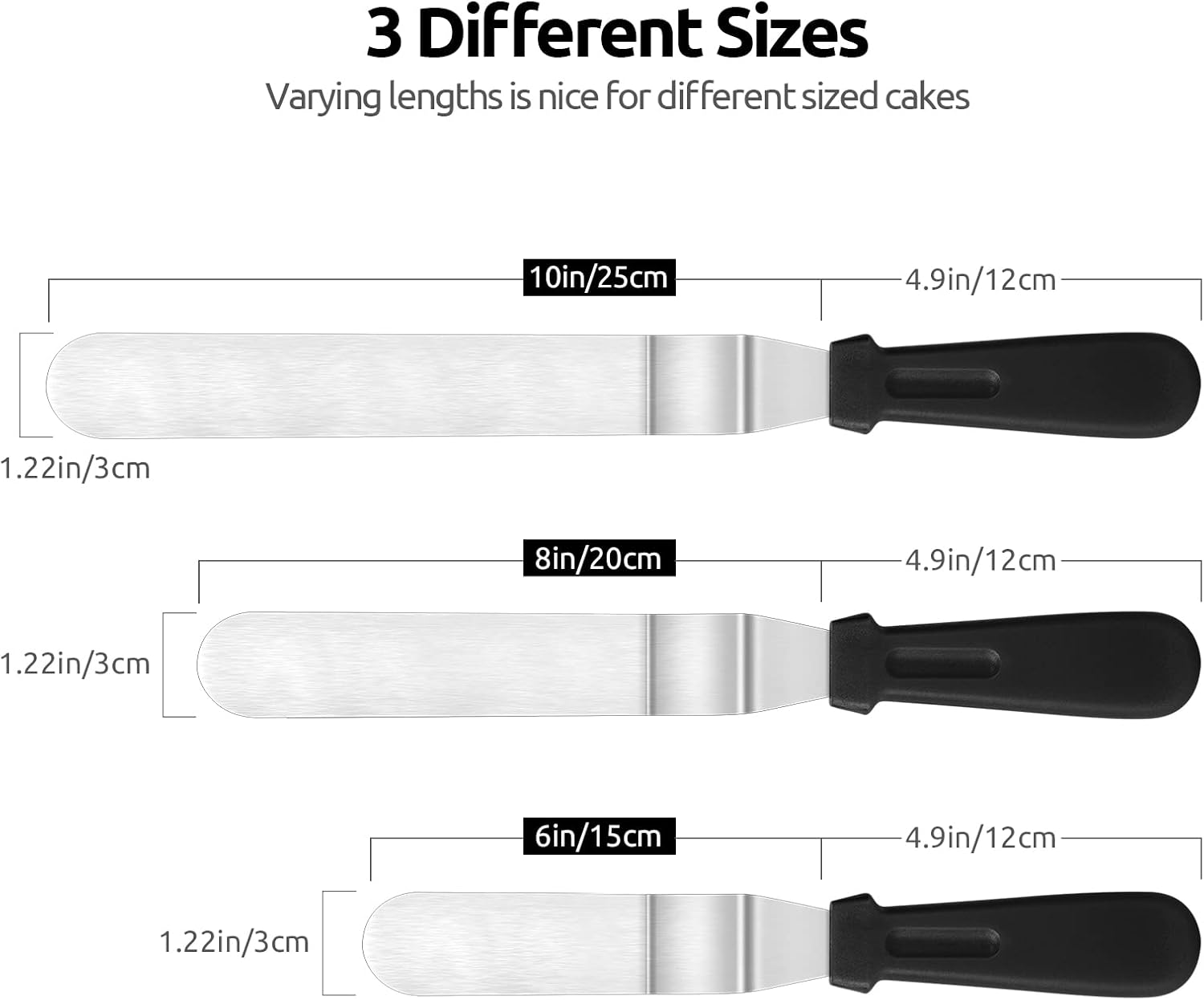 Icing Spatula, Stainless Steel Angled Cake Decorating Frosting Spatula Set of 3 (Black), and 8"+10"+12" Kitchen Cooking Tweezer: 18/8 Stainless Steel Metal โ image 2