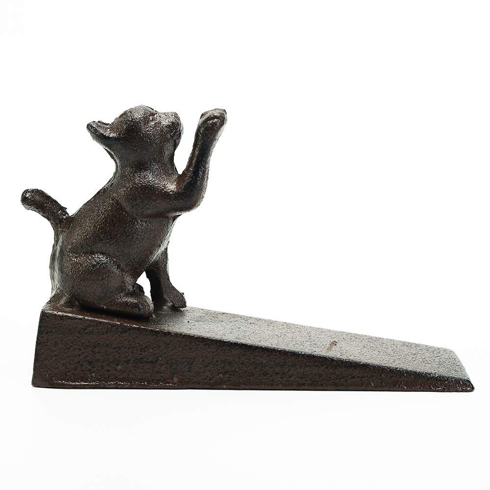 Heavy Duty Cast Iron Cat Door Stops | Decorative Cute Animal Statue Metal Door Stopper Wedge with Non-Slip Mat