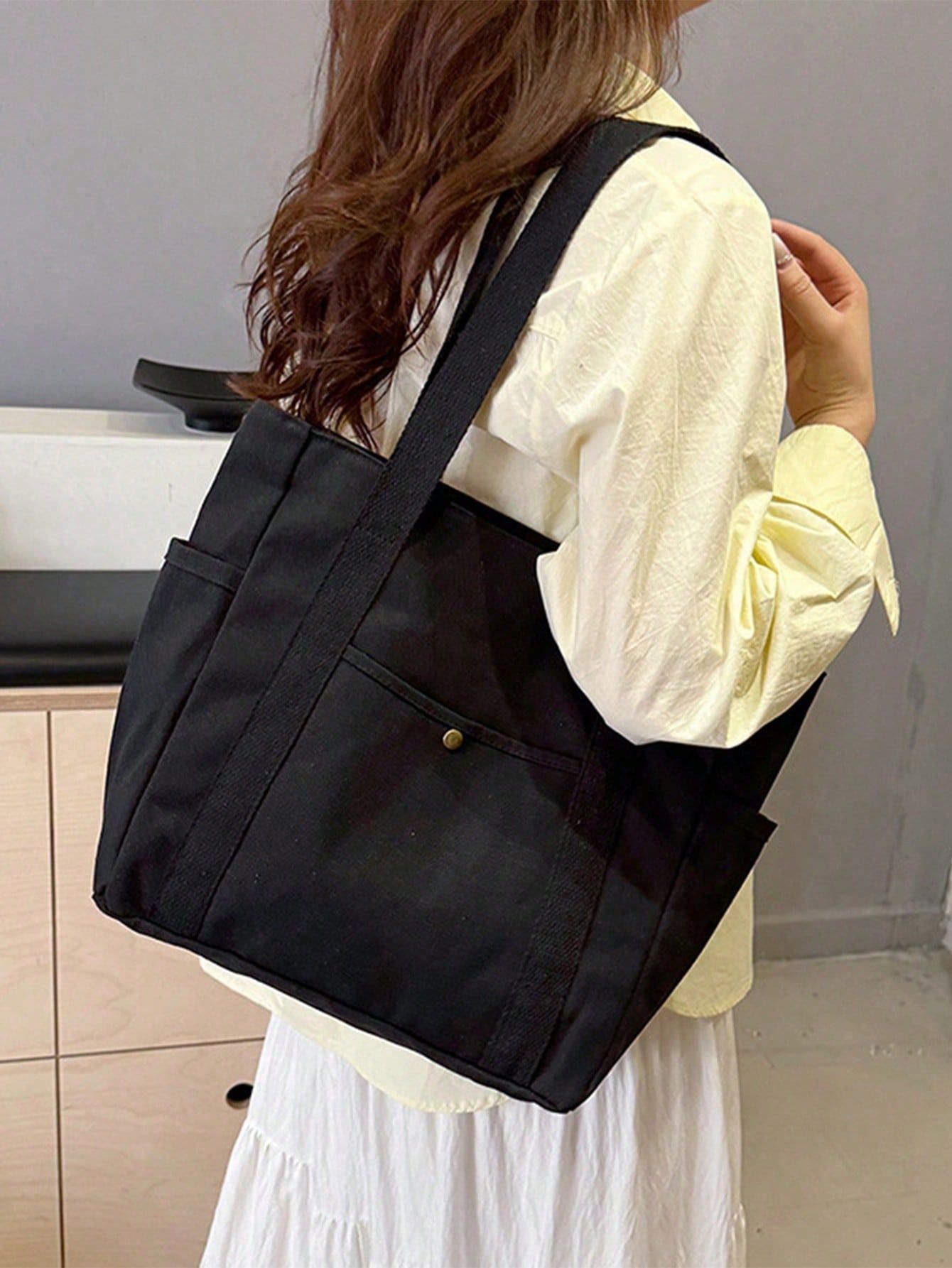 Large Capacity Canvas Tote Bag โ Multi-Pocket Shoulder Bag, Portable Handbag for, Work, Travel, Shopping, Backpack Black