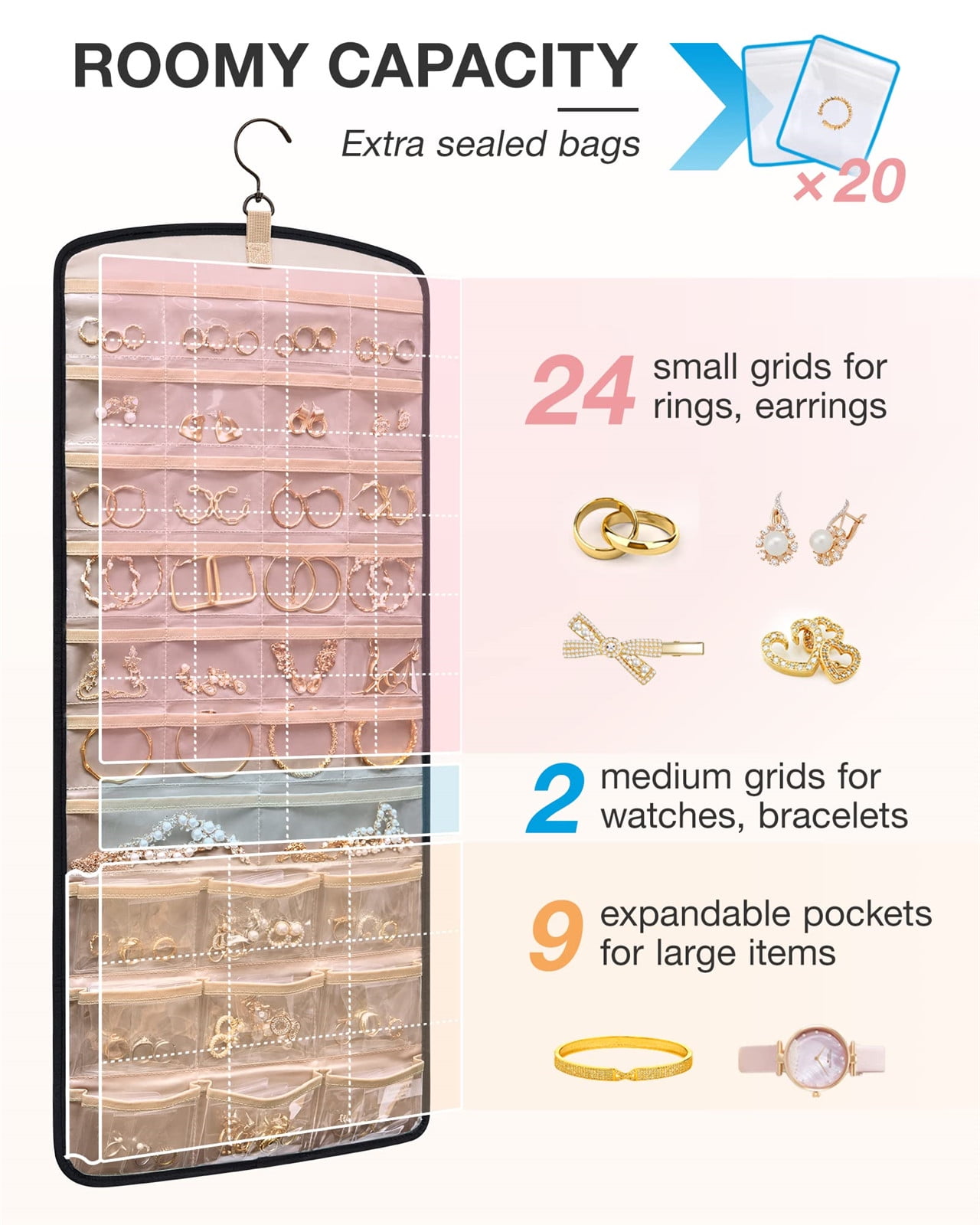 Hanging Jewelry Organizer Necklace Holder Anti-tangle Earrings Rings Hanger with 20 Jewelry Bags Travel Storage Roll with Pockets Hang on Closet, Wall, Door,1 — image 3