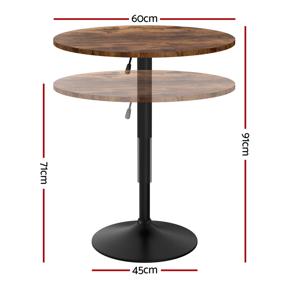 Artiss Height Adjustable Bar Table 360 Swivel Round Gaslift Design 60cm Rustic Brown Black — image 2