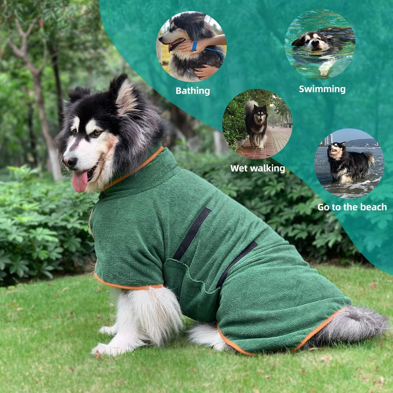 Dog Bathrobe - Size M - Green with Orange Trim - Absorbent Pet Towel with Adjustable Strap — image 2