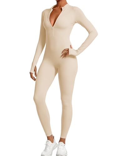 Long Sleeve Zip-Up Jumpsuit for Yoga, Fitness, Everyday Wear and Stylish Occasions, M (beige)