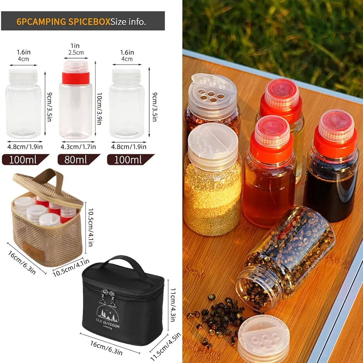 6pcs Mini Seasoning Bottle Set Portable Kitchen BBQ Camping Spice Container Box - Wine Red — image 4