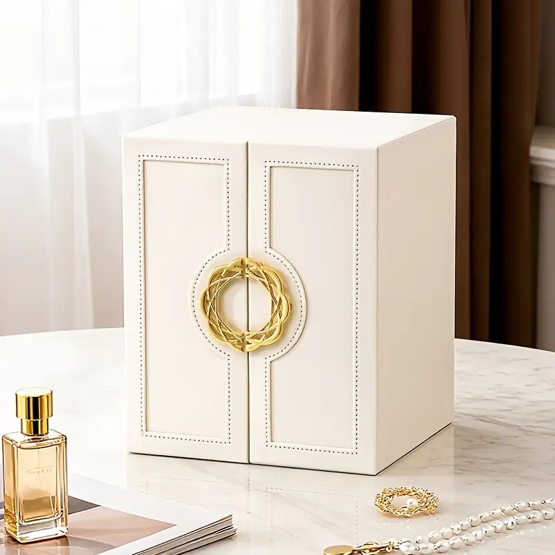 White 1 Large Faux Leather Jewelry Storage Box with 5 Drawers and Gold Handles - An elegant rectangular storage space for rings, necklaces, bracelets