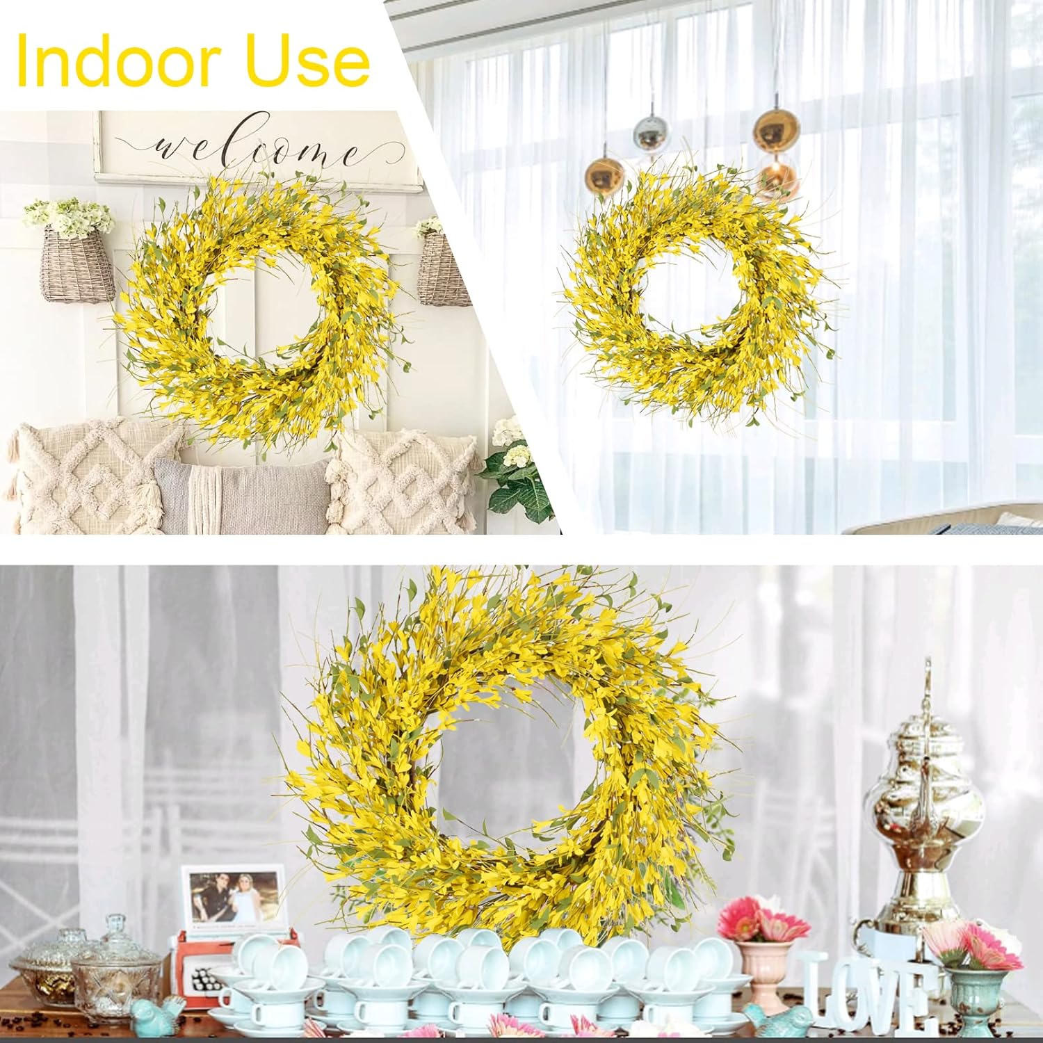 24" Spring Wreaths for Front Door Artificial Forsythia Flower Wreath on Grapevine Yellow Wreath with Green Leaves Silk Floral Wreath for Home Indoor Wall — image 5