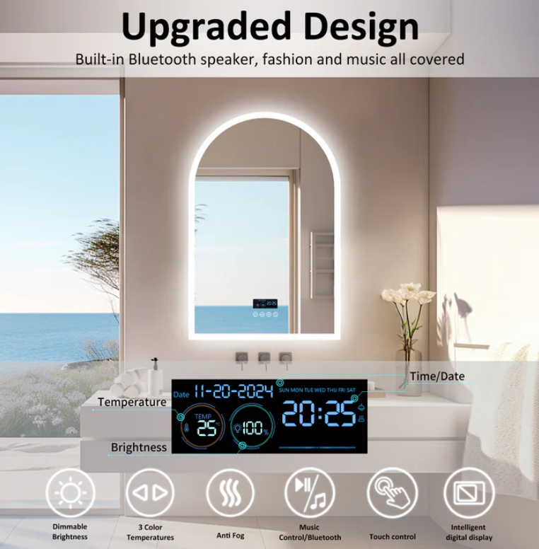 Interior Ave - 90 × 60cm Arched Frameless LED Bathroom Mirror – Bluetooth — image 2