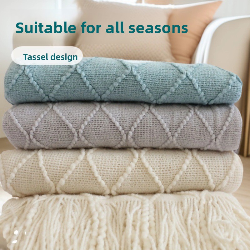 Smoky grey Nordic Knitted Throw Blanket with Tassels 130x230cm Soft Acrylic Diamond Pattern Sofa Cover Bed Runner and Travel Blanket — image 3