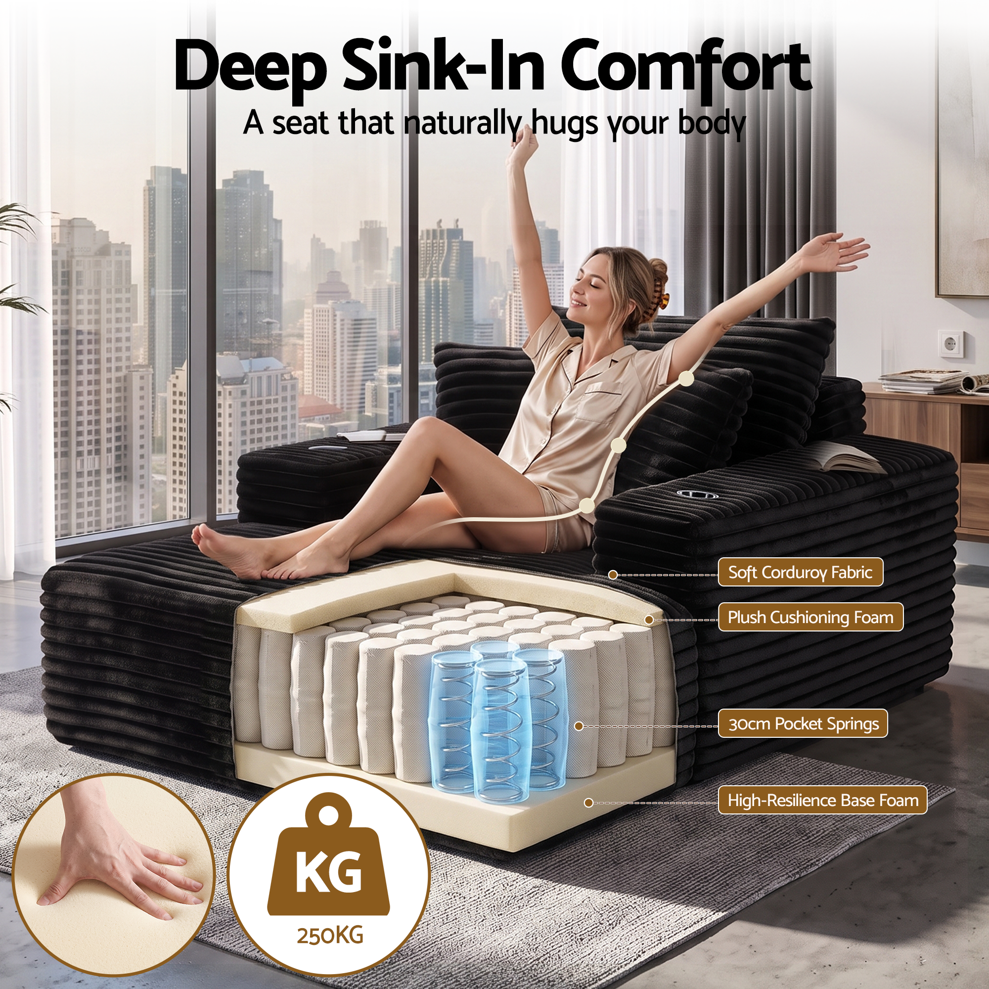Artiss Sofa Bed Lounge Chair Sleeper Couch Chaise Single Seater Faux Fur Black — image 4