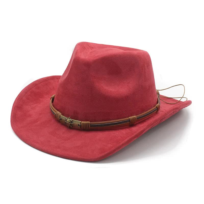 Wine Red Unisex Faux Suede Western Cowboy Hat - Wide Brim Vintage Fedora for Outdoor Travel, M(57-58cm)