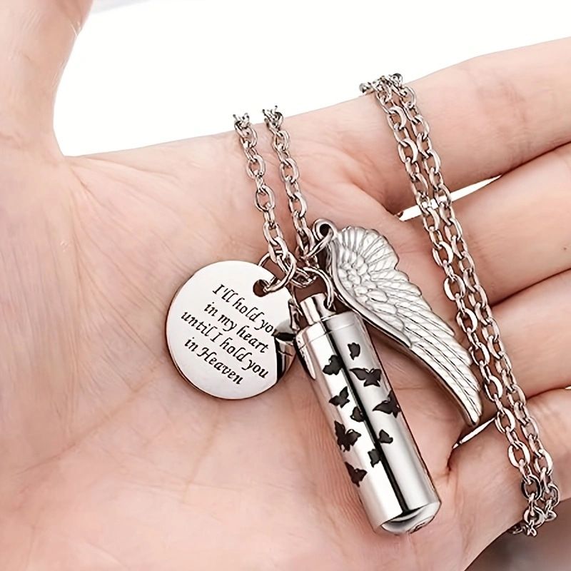 2PCS Cremation Jewelry Urn Necklace for Ashes Memorial Ashes Necklace with Angel Wing Charm Memorial Keepsake for Pet Human — image 2