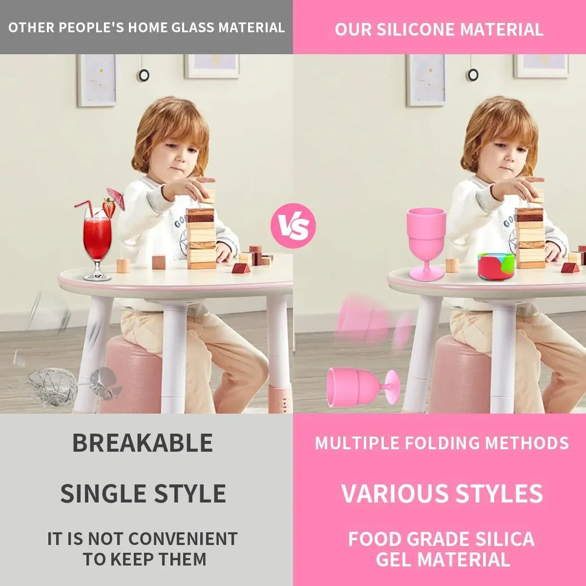 2 Pack Collapsible Silicone Wine Glasses, BPA Free Travel Cups for Camping Picnics, Pink โ image 6