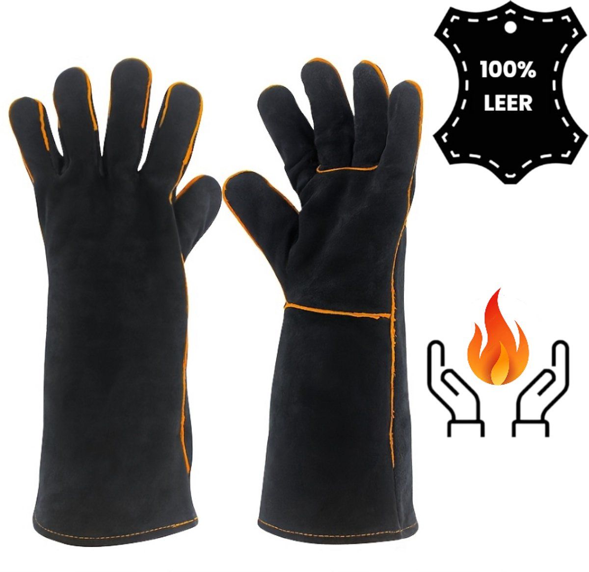 BBQ Gloves, Cowhide Leather, Heat Resistant up to 260°C, Barbecue Gloves, non slip Grip and Reinforced Palm, For Fireplace, Hearth and Grill