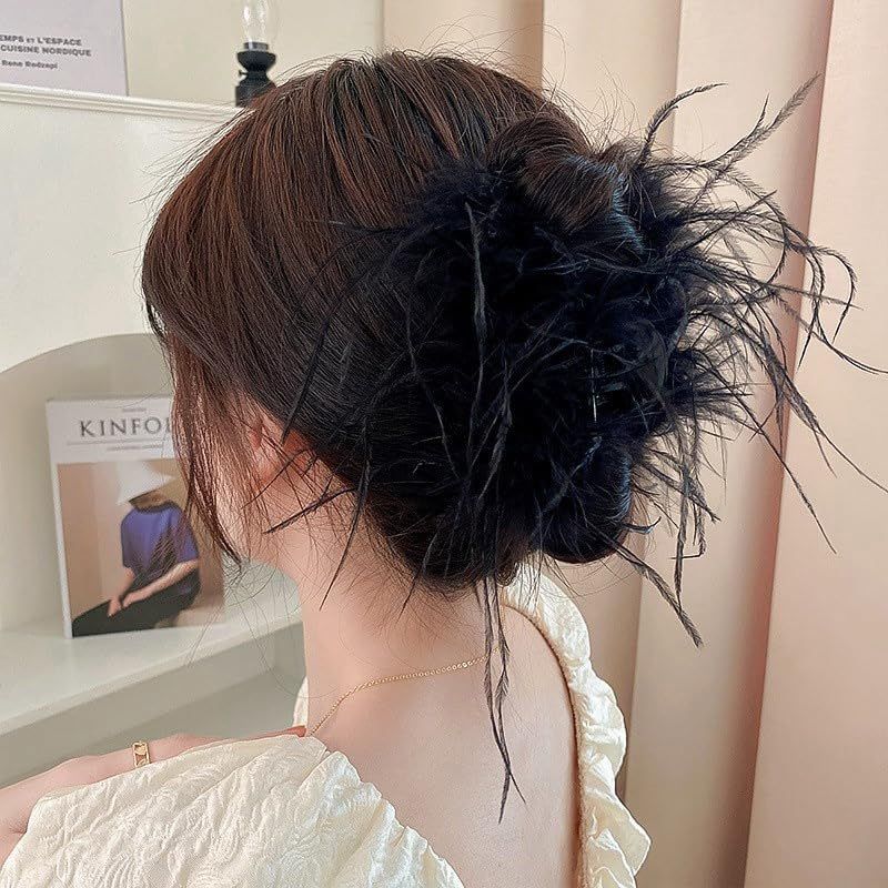Black Feather Hair Clip Ostrich Fluffy Fur Hair Claw Ponytail Shark Clip for Women Halloween Carnival Birthday Party Daily — image 5