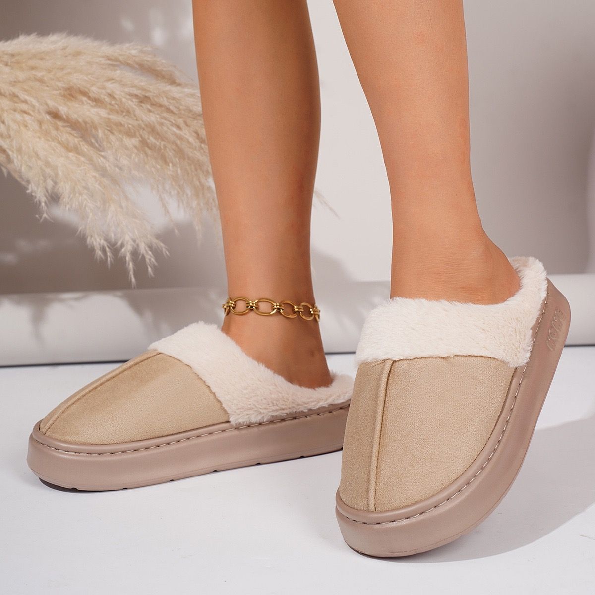 Cozy Faux Suede and Plush Fur Slippers for Women and Men, Thick Anti-Slip Sole for Indoor and Outdoor Wear, Warm House Shoes for Cold Seasons, Simple Lace Trim — image 5