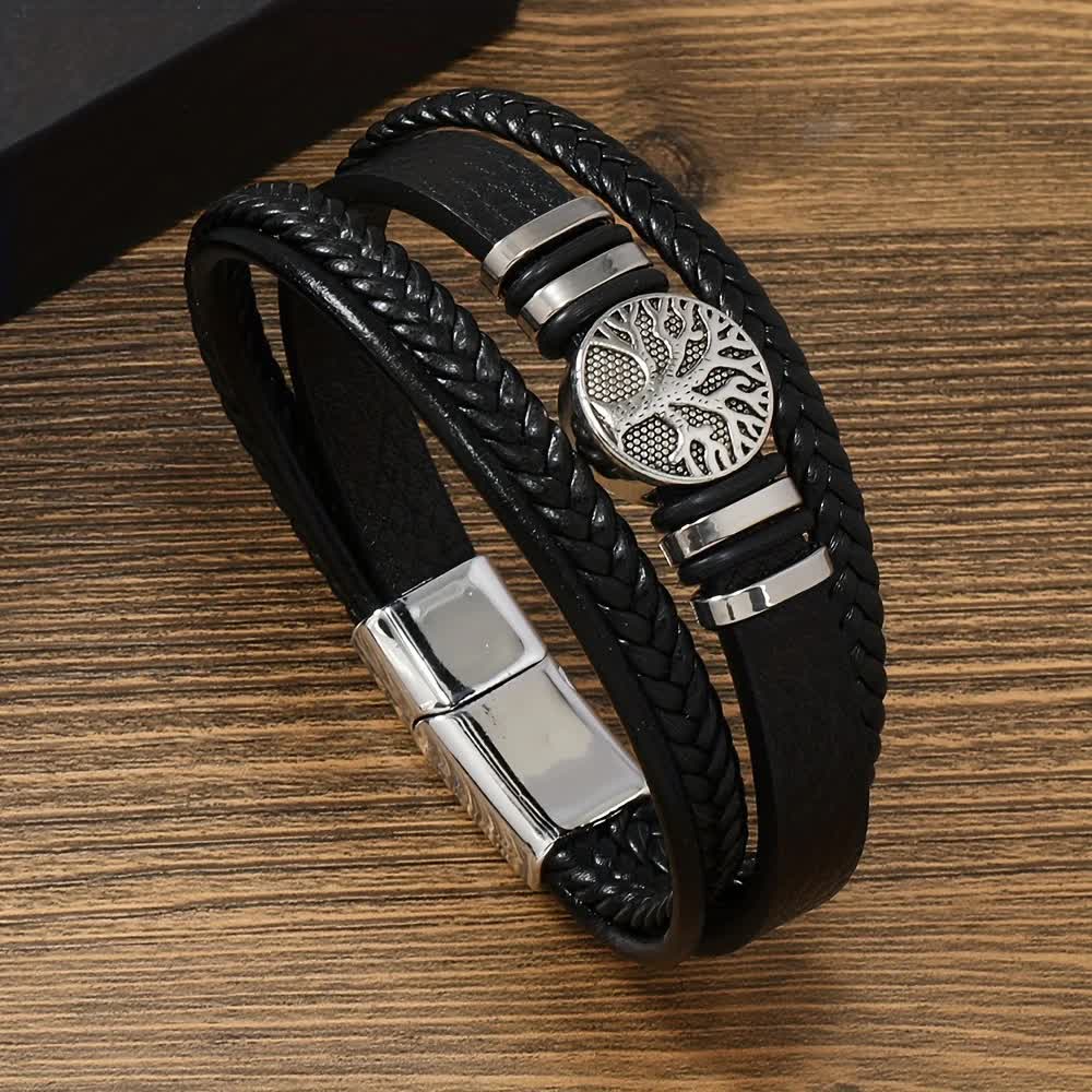 2PCS Handwoven Tree of Life Magnetic Clasp Bracelet, featuring a black synthetic leather double-layer design. Blending vintage charm with contemporary style โ image 2