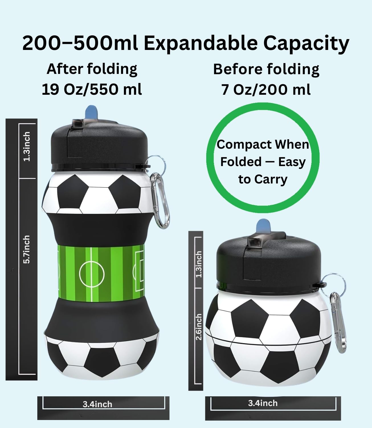 Foldable Soccer Water Bottle for Kids – 18oz Expandable Silicone Hydration Flask with Leak-Proof Spout & Carabiner Clip, BPA-Free, Ideal for School, Sports — image 6
