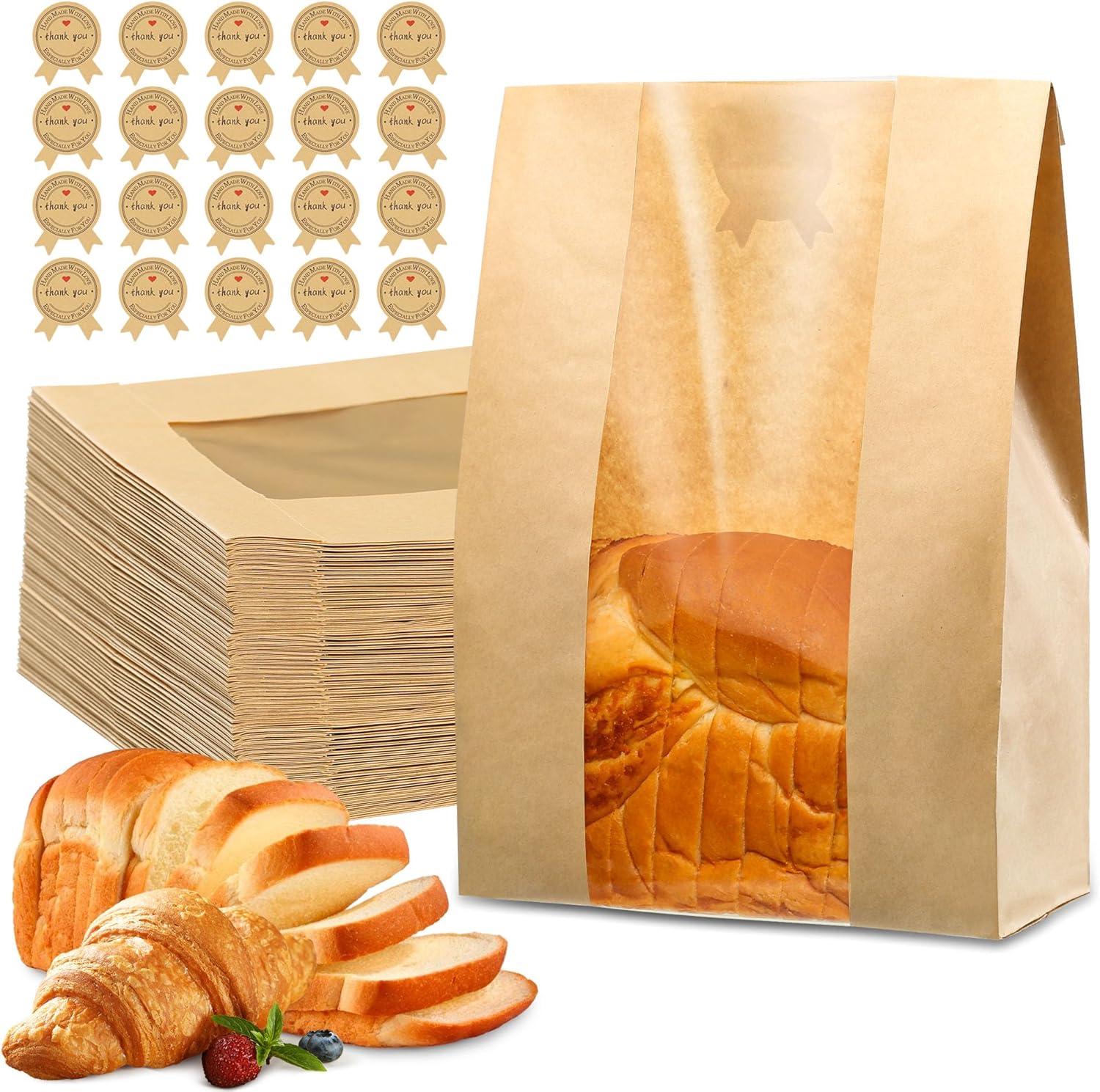 50 Pcs Bread Bag - Kraft paper with transparent window - 35 × 21 × 9 cm | Large baking bag - Suitable for storing bread, cookies, and snacks - Includes