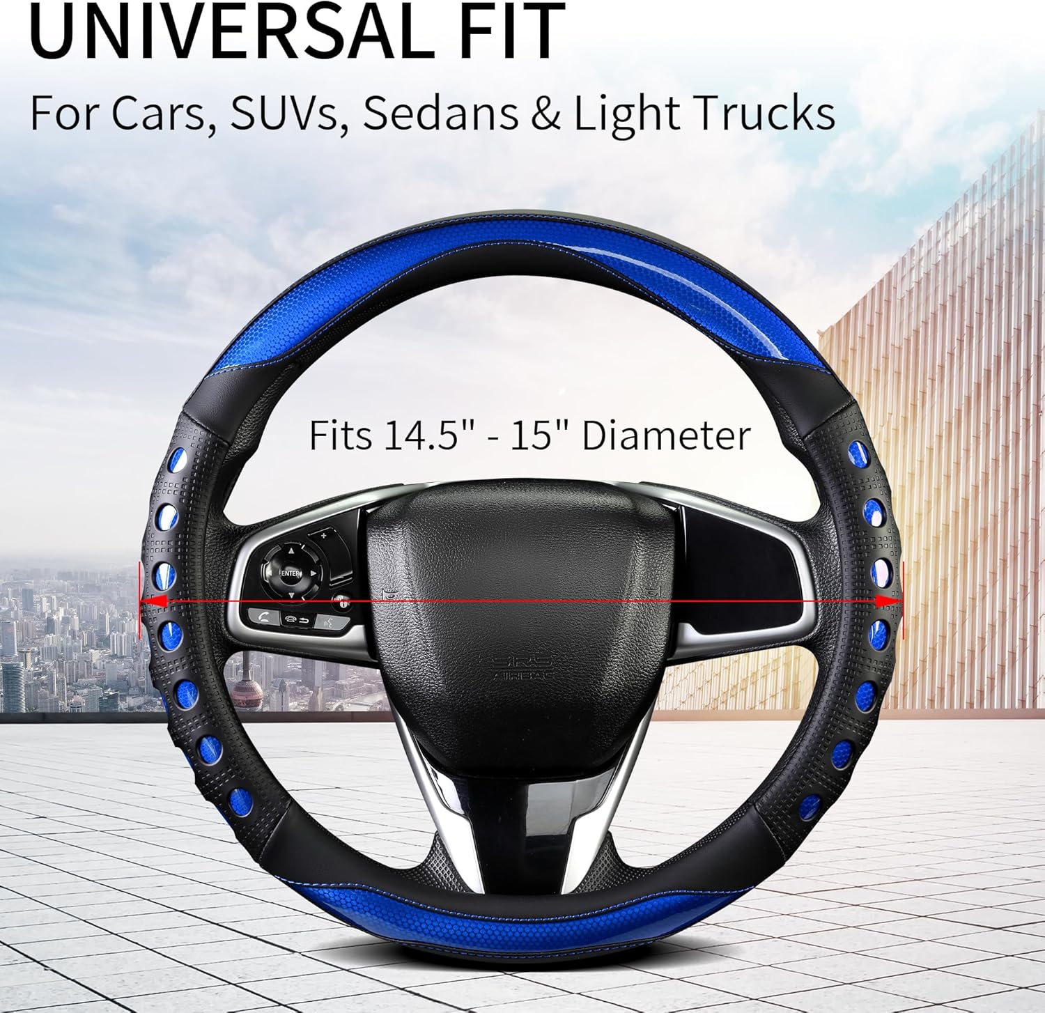 PU Leather Car Steering Wheel Cover with Non-Slip Grip, Suitable for Both Men and Women, Universal Fits 14.5-15 Inch Cars, Trucks, SUVs (Blue (Round), Medium — image 3