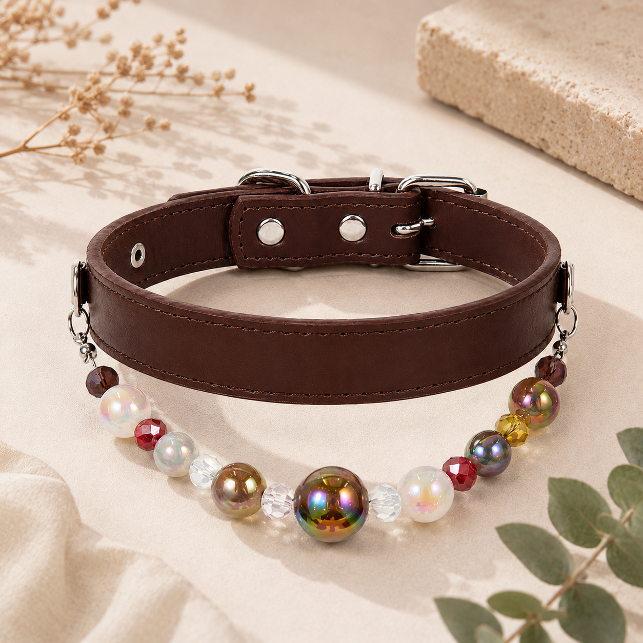 Detachable Beaded Dog Collar - Brown Microfiber PU Leather, Zinc Alloy Hardware, Adjustable XL Size 36-46cm Neck, 2.5cm Wide Decorative Pet Collar for Dogs — image 3